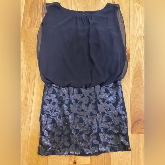 Aidan Maddox Chiffon Blouson Mini Dress Sequin Skirt Navy Blue Women’s 6 Party - Picture 2 of 11